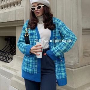 NWT Zara Blogger Blue Plaid Knit Pearl Button Cardigan Jacket.